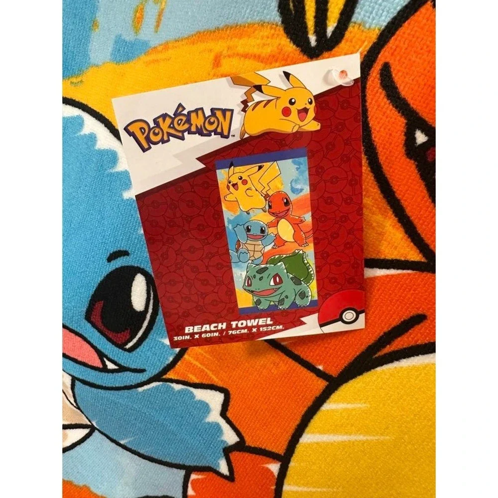 Pokemon Beach Towel 30x60 Pikachu Charmander Squirtle Bulbasaur NWT